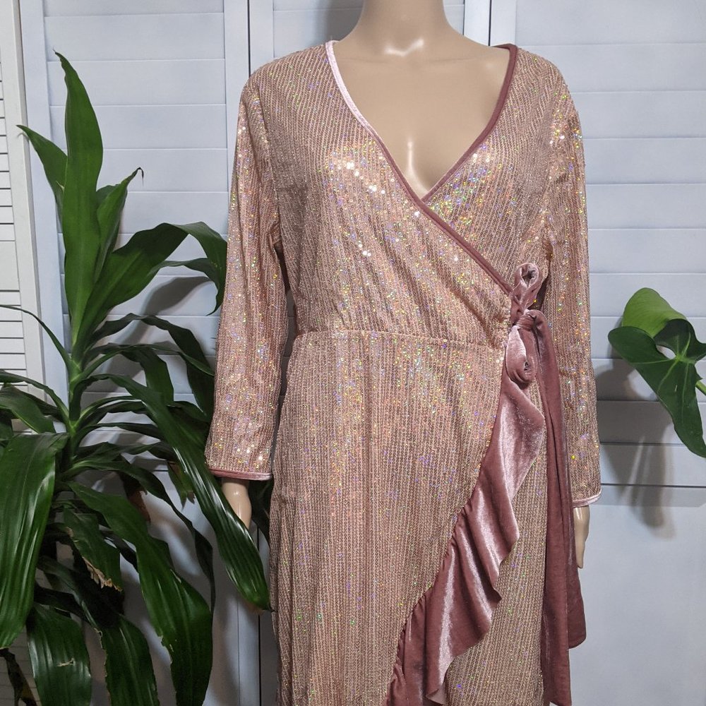 Pink Sequin Wrap Velvet Ruffle Dress 2X Plus